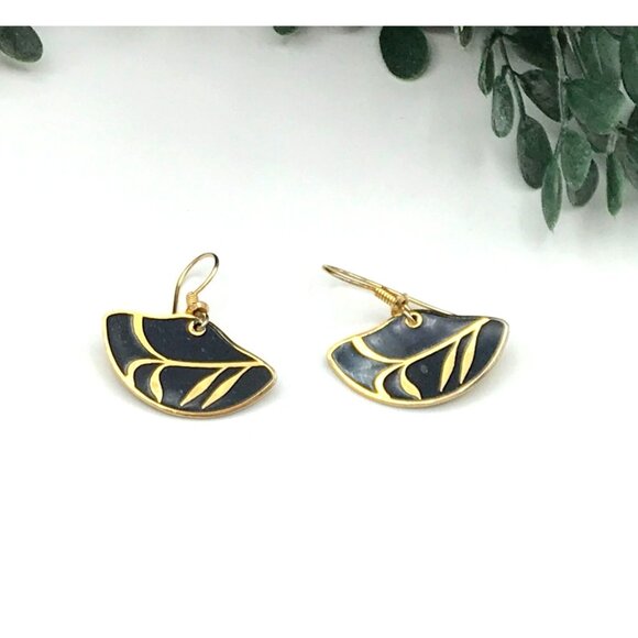 Vintage Gold & Black Enamel Roman Half-Moon Drop Earrings With Abstract Design - Picture 2 of 6